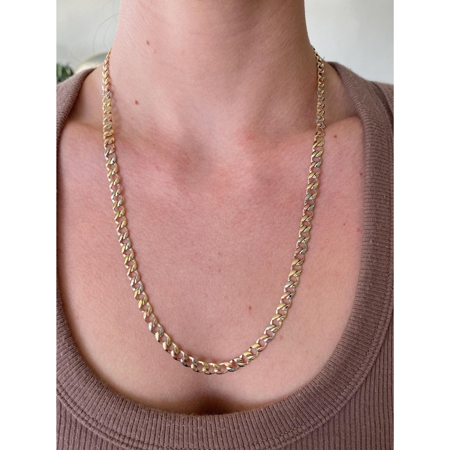 Vintage Solid 14k Tri Tone Gold Flat Curb Chain Necklace - 22.5 inches