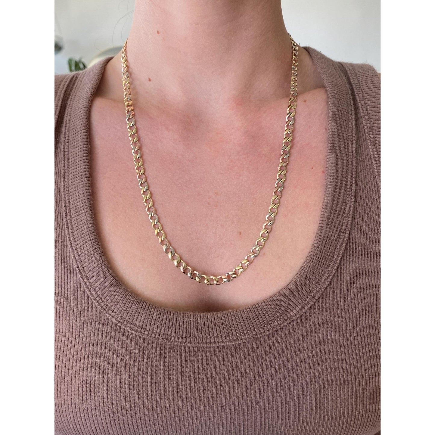 Vintage Solid 14k Tri Tone Gold Flat Curb Chain Necklace - 22.5 inches