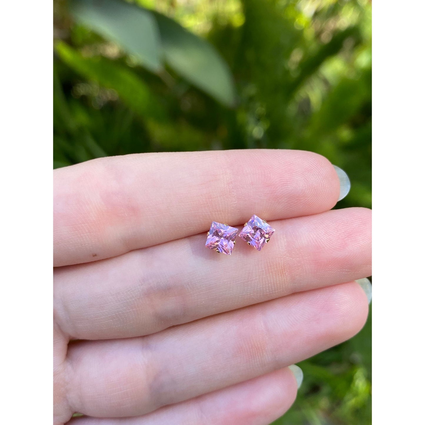 Vintage Solid 14k Yellow Gold Pink Cubic Zirconia Stud Earrings