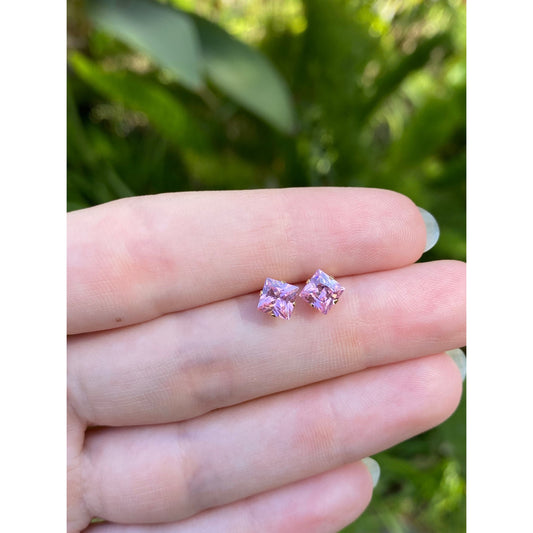 Vintage Solid 14k Yellow Gold Pink Cubic Zirconia Stud Earrings