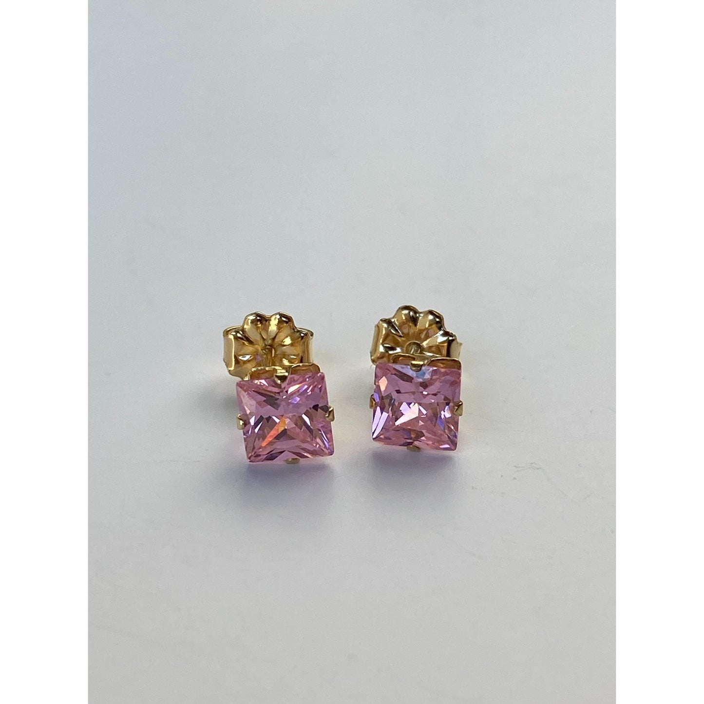 Vintage Solid 14k Yellow Gold Pink Cubic Zirconia Stud Earrings