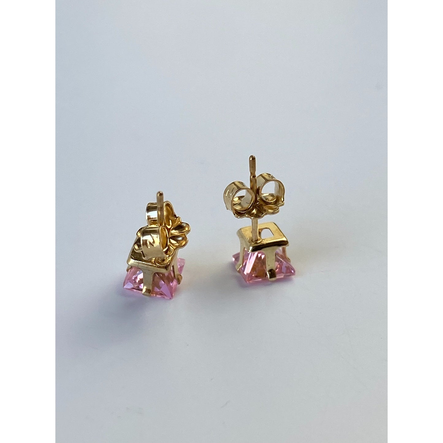 Vintage Solid 14k Yellow Gold Pink Cubic Zirconia Stud Earrings