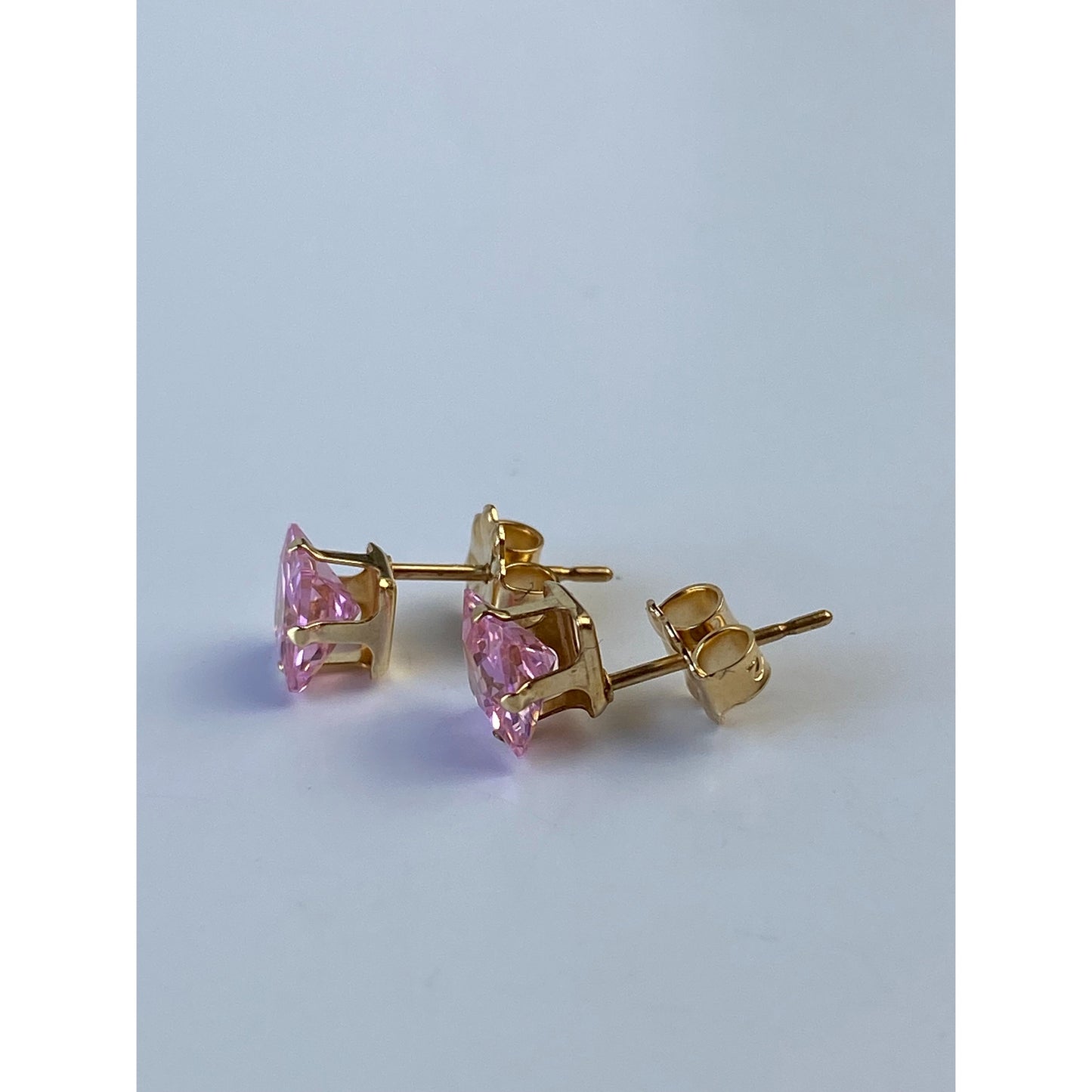 Vintage Solid 14k Yellow Gold Pink Cubic Zirconia Stud Earrings