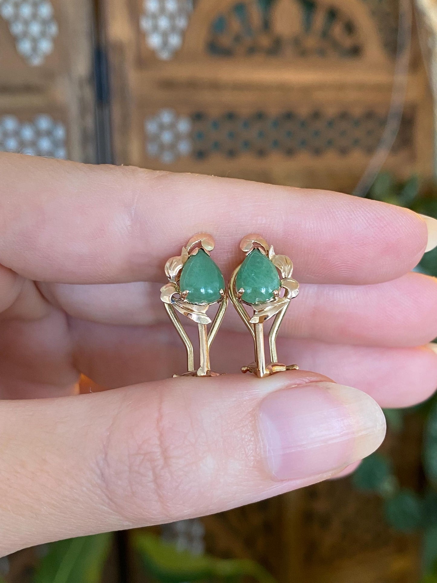 Solid 10k Yellow Gold Jade Drop Earrings
