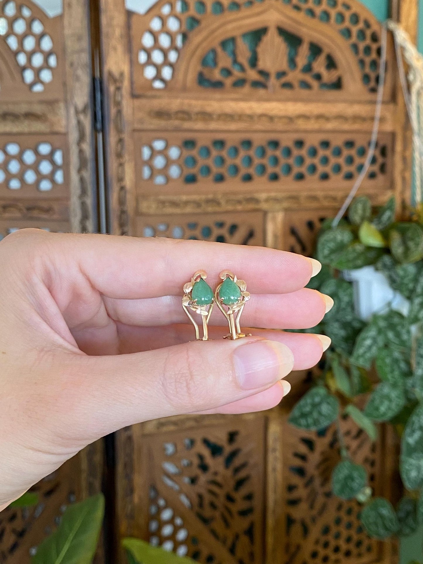 Solid 10k Yellow Gold Jade Drop Earrings