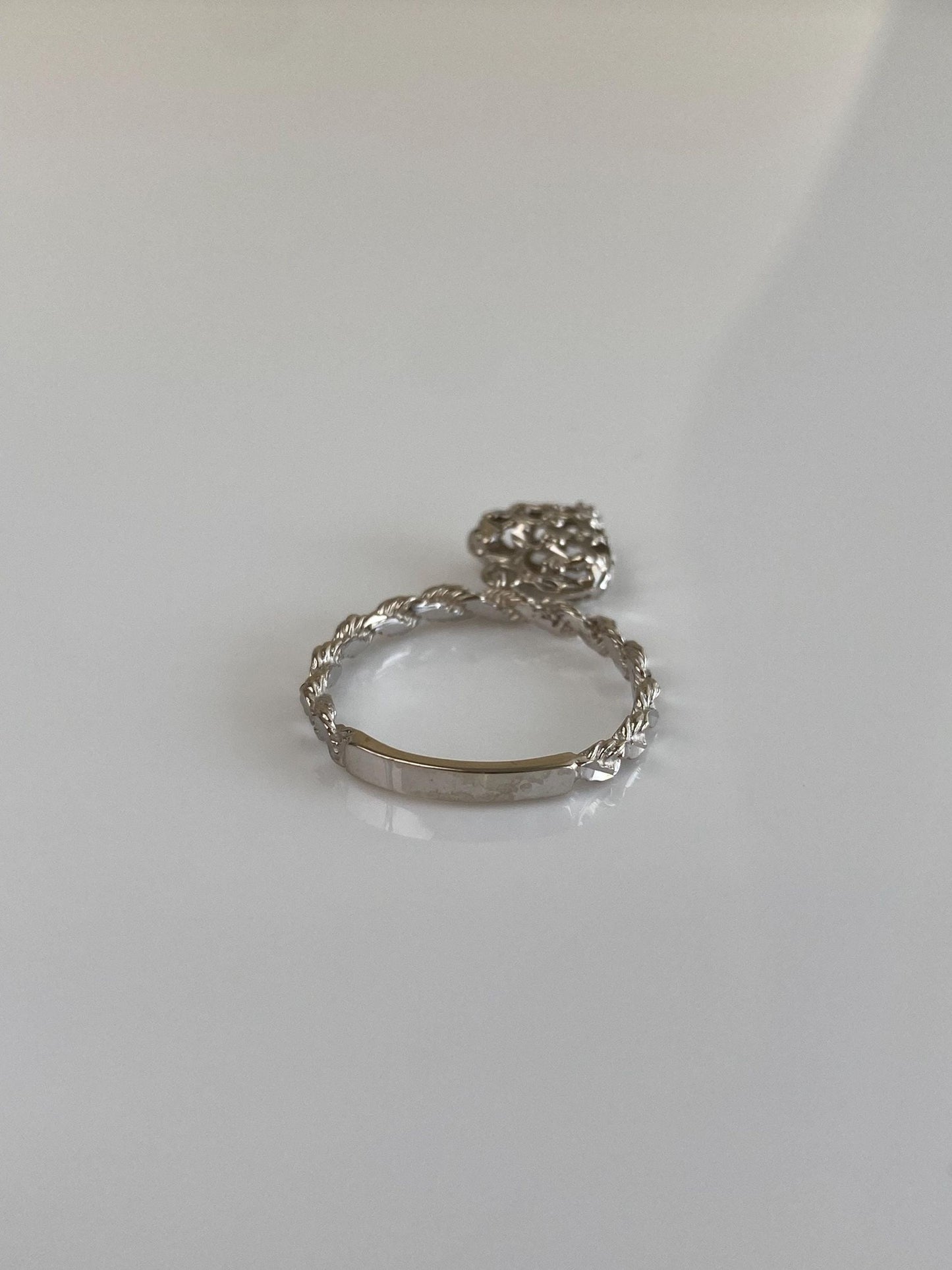 Vintage Solid 14k White Gold Diamond Cut Heart Charm Ring - Size 7.5