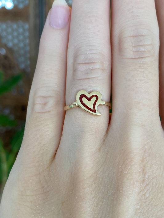 Vintage Solid 14k Yellow Gold Red Enamel Heart Ring - Size 5