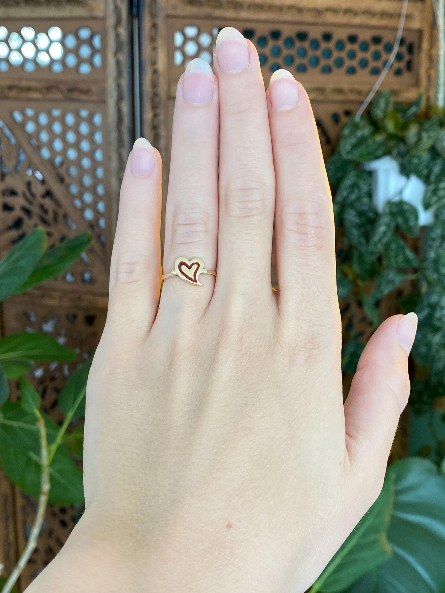 Vintage Solid 14k Yellow Gold Red Enamel Heart Ring - Size 5