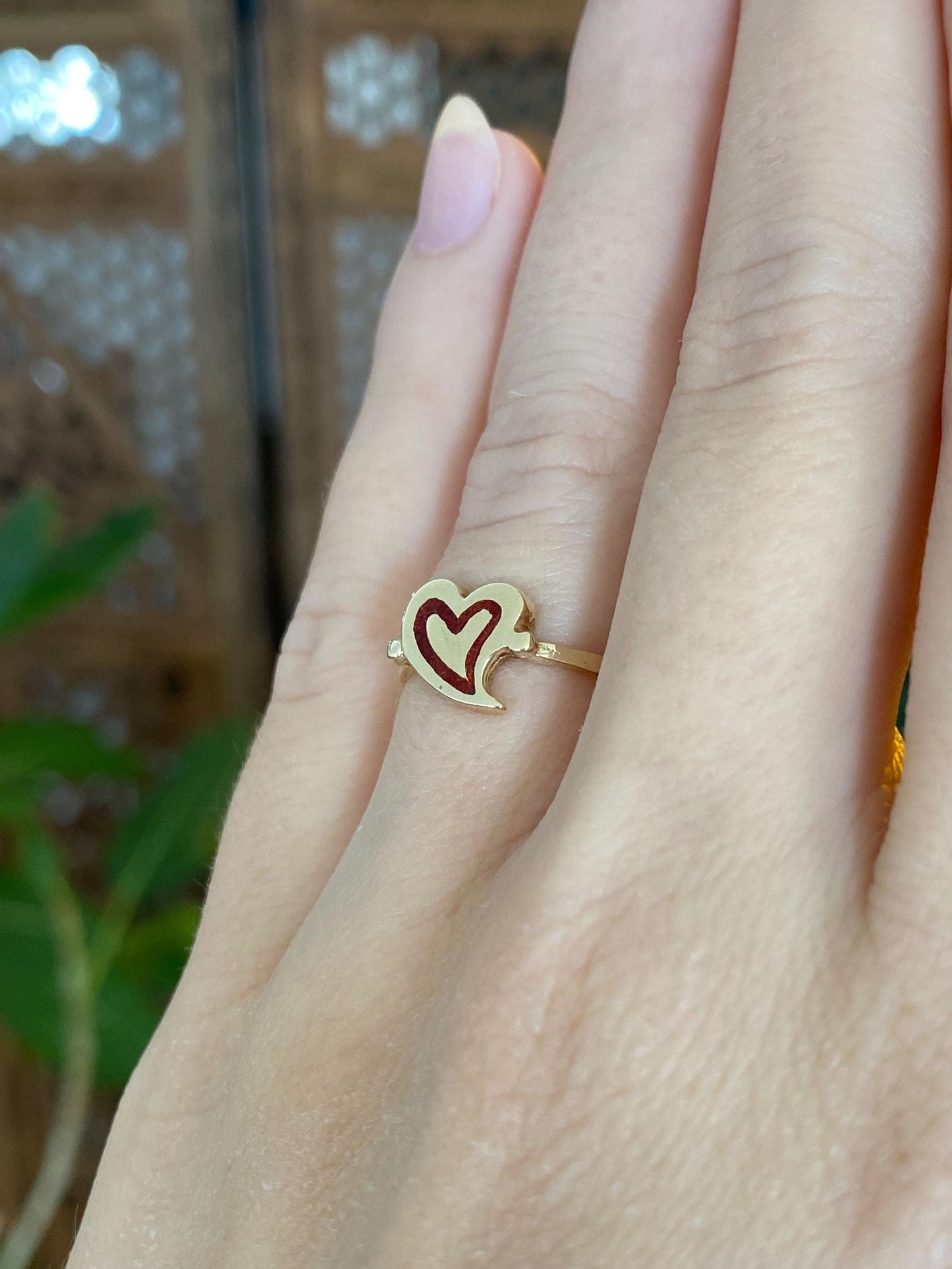 Vintage Solid 14k Yellow Gold Red Enamel Heart Ring - Size 5