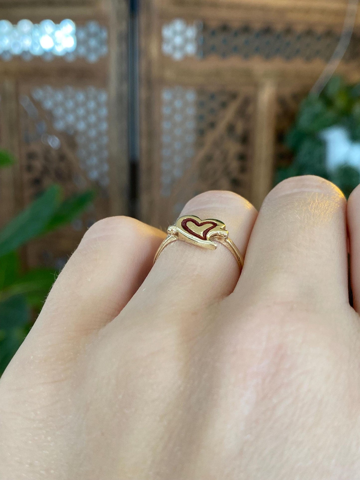 Vintage Solid 14k Yellow Gold Red Enamel Heart Ring - Size 5