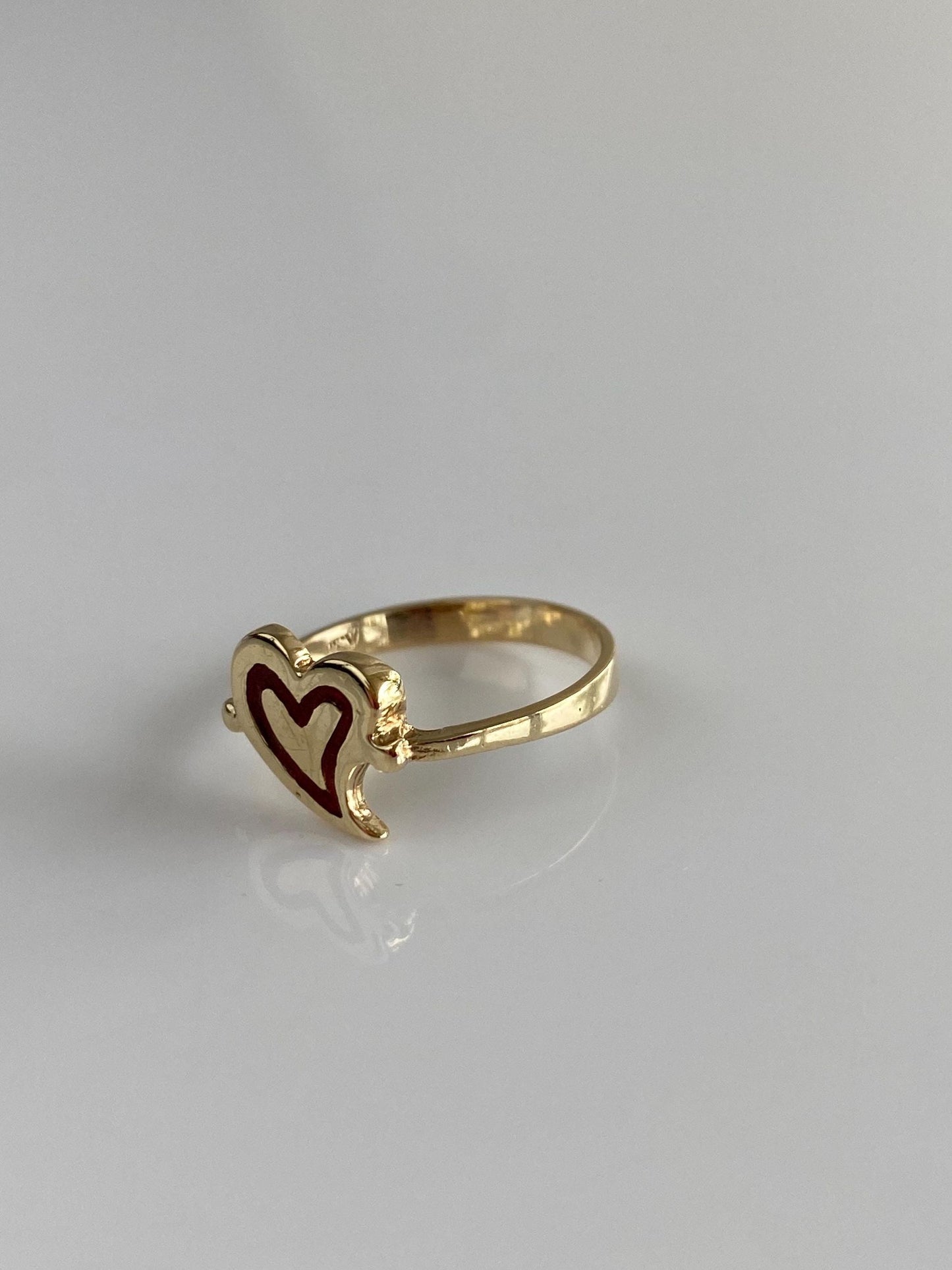 Vintage Solid 14k Yellow Gold Red Enamel Heart Ring - Size 5