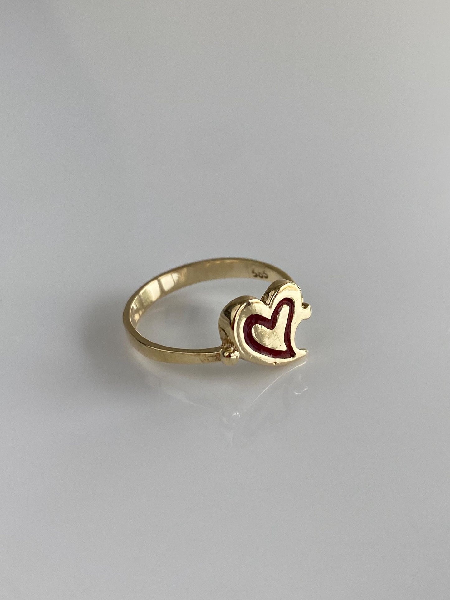 Vintage Solid 14k Yellow Gold Red Enamel Heart Ring - Size 5