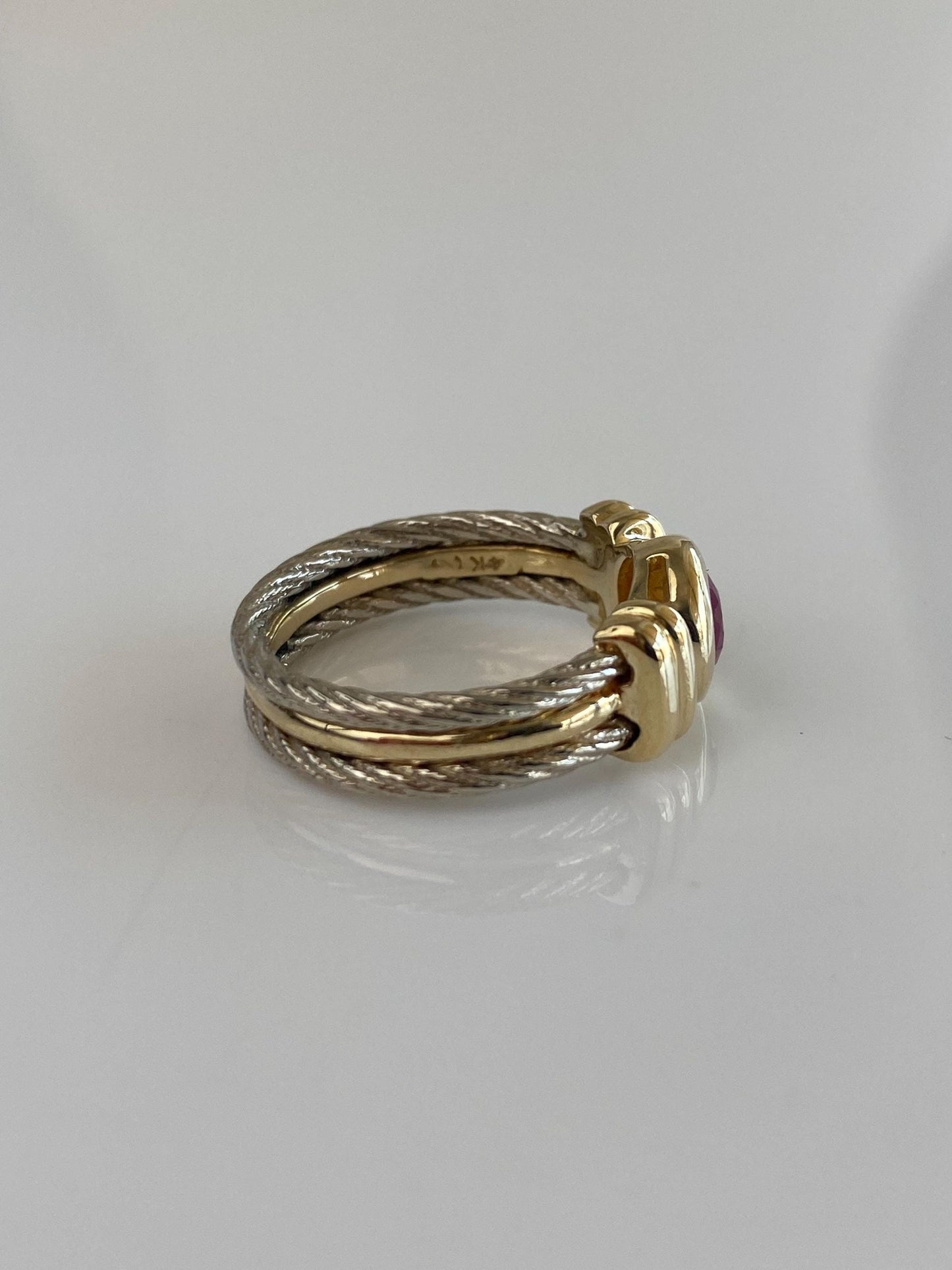 Vintage Solid 14k White & Yellow Gold Ruby Cable Ring Band - Size 6.25