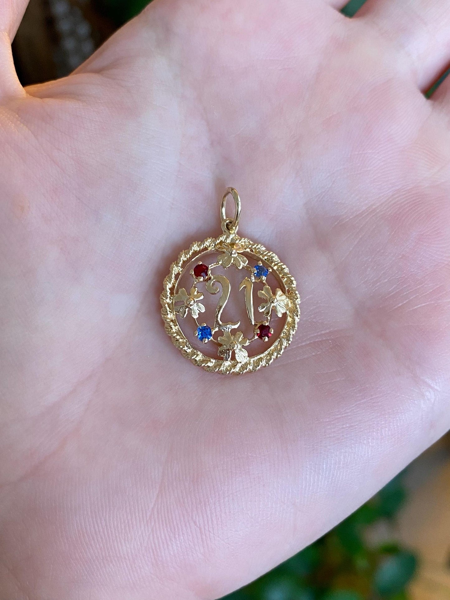 Vintage Solid 14k Yellow Gold Open Work Red & Blue Cubic Zirconia Flowers 21 Charm