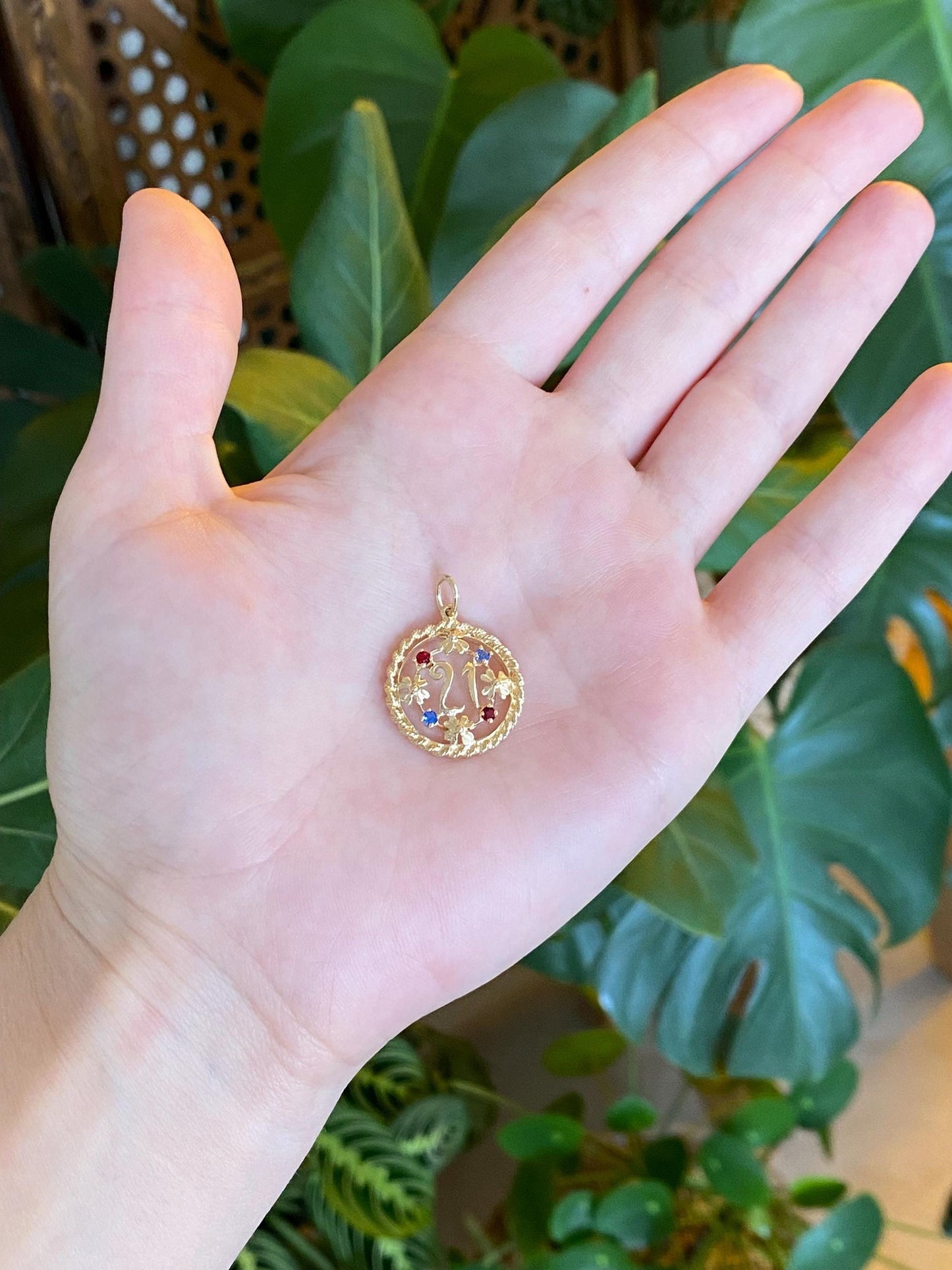 Vintage Solid 14k Yellow Gold Open Work Red & Blue Cubic Zirconia Flowers 21 Charm