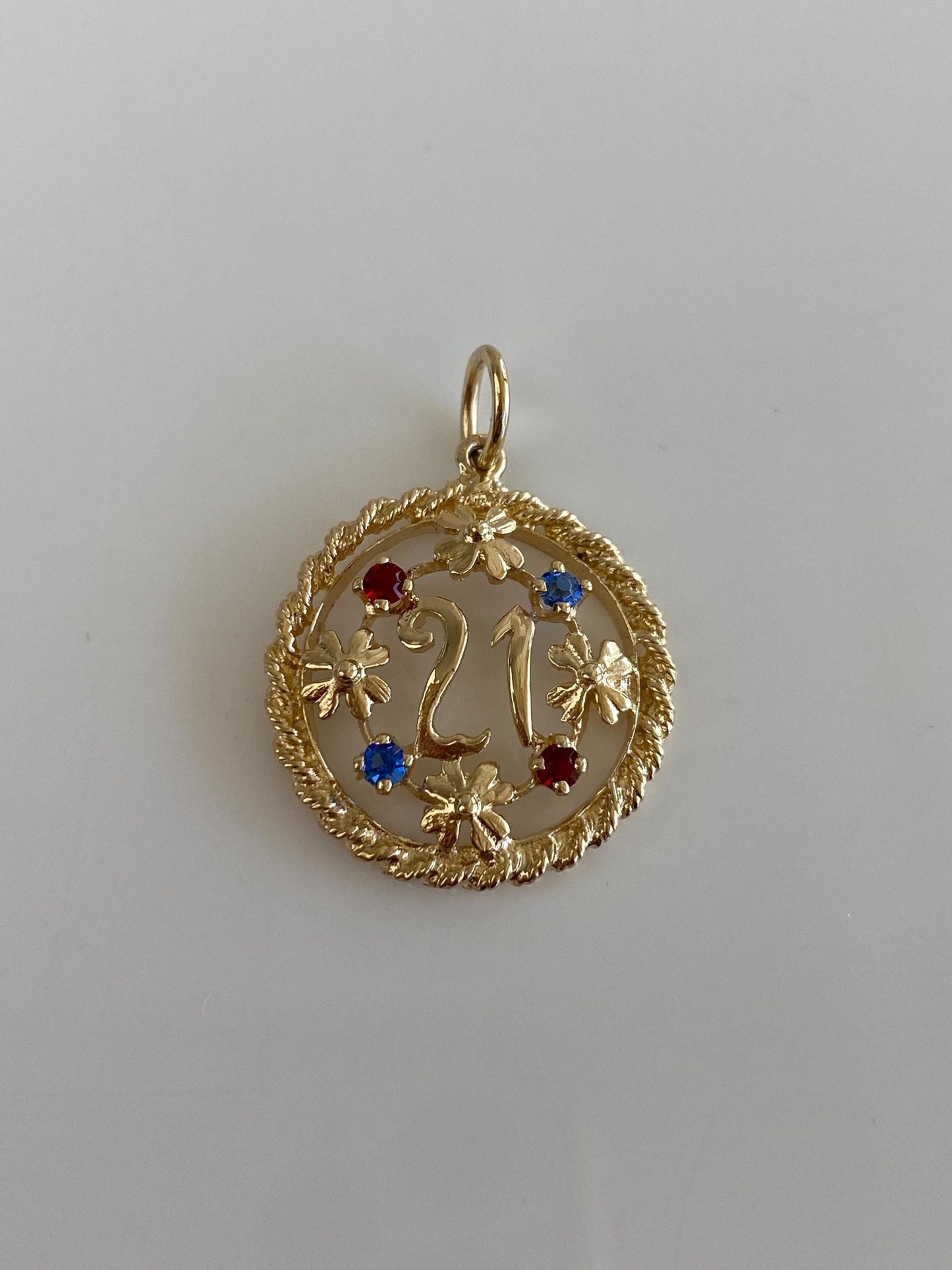Vintage Solid 14k Yellow Gold Open Work Red & Blue Cubic Zirconia Flowers 21 Charm