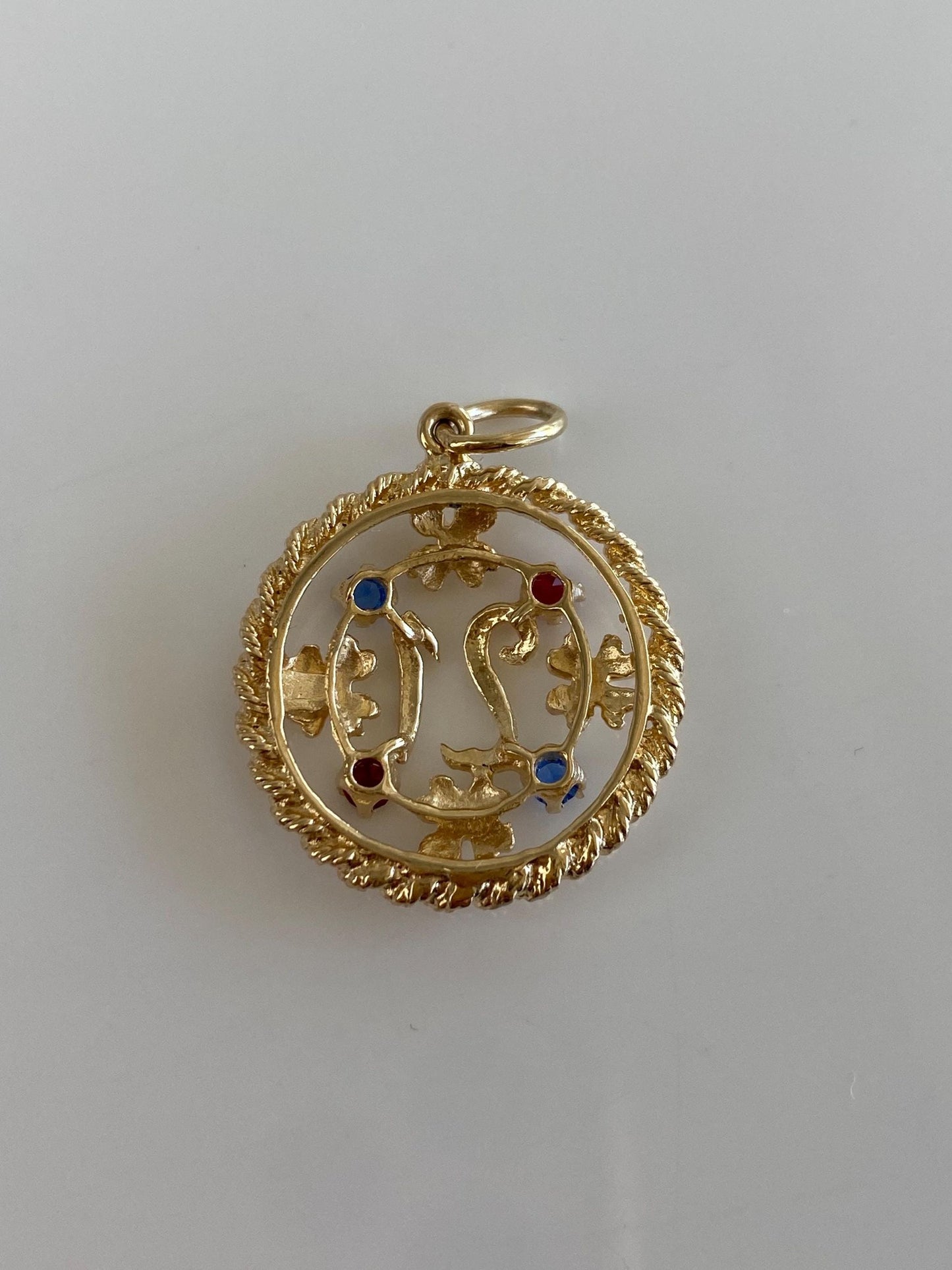 Vintage Solid 14k Yellow Gold Open Work Red & Blue Cubic Zirconia Flowers 21 Charm
