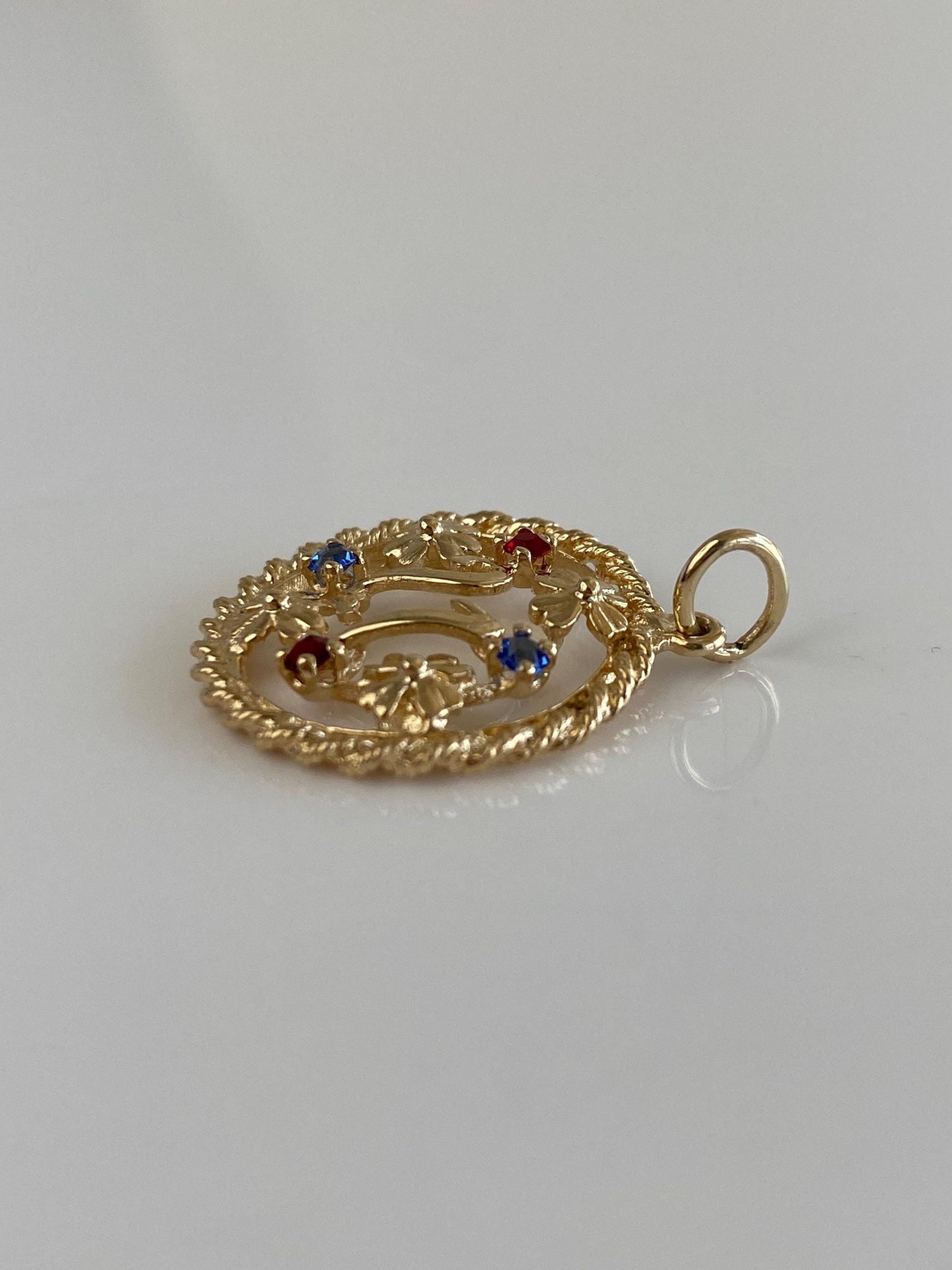 Vintage Solid 14k Yellow Gold Open Work Red & Blue Cubic Zirconia Flowers 21 Charm