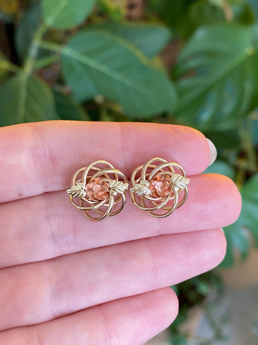 Vintage 14k Tri Tone Gold Rose Leaves Knot Stud Earrings