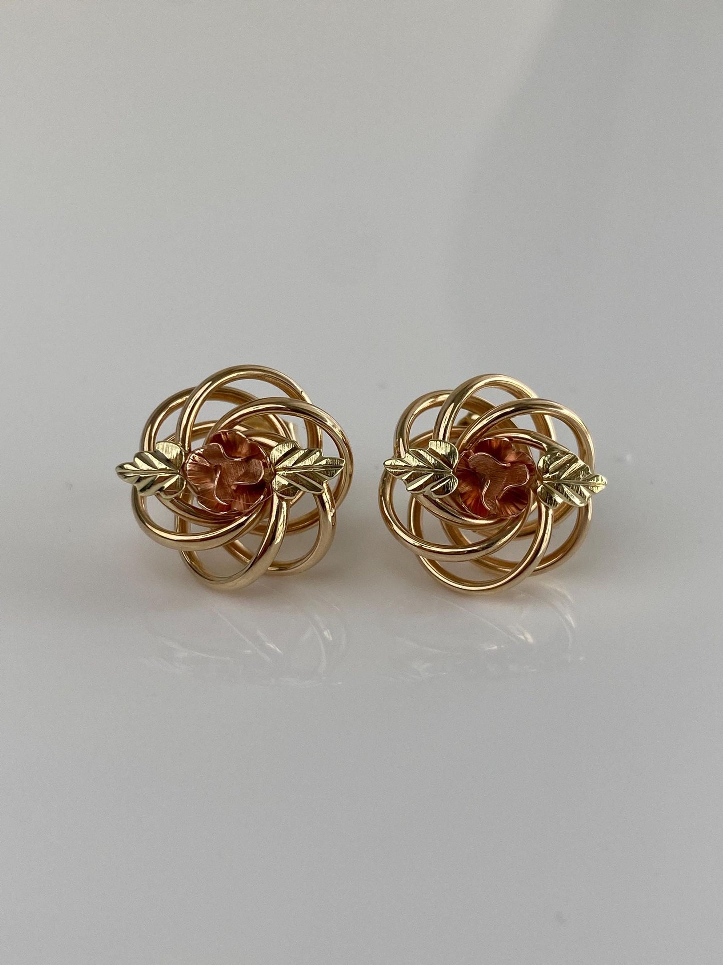 Vintage 14k Tri Tone Gold Rose Leaves Knot Stud Earrings