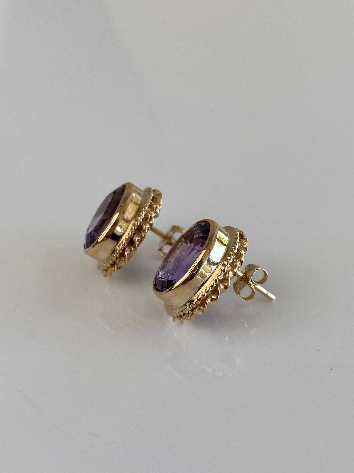 Vintage Solid 14k Yellow Gold Amethyst Stud Earrings