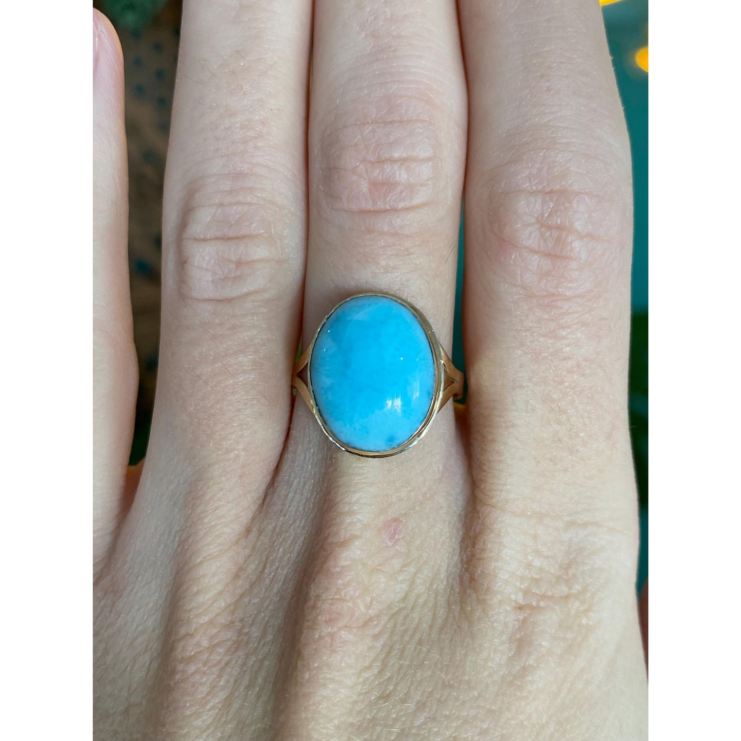 Vintage Solid 14k Yellow Gold Larimar Ring - Size 8.5
