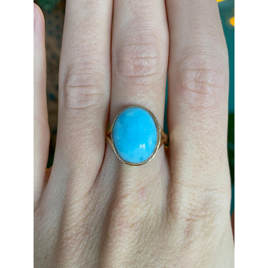 Vintage Solid 14k Yellow Gold Larimar Ring - Size 8.5