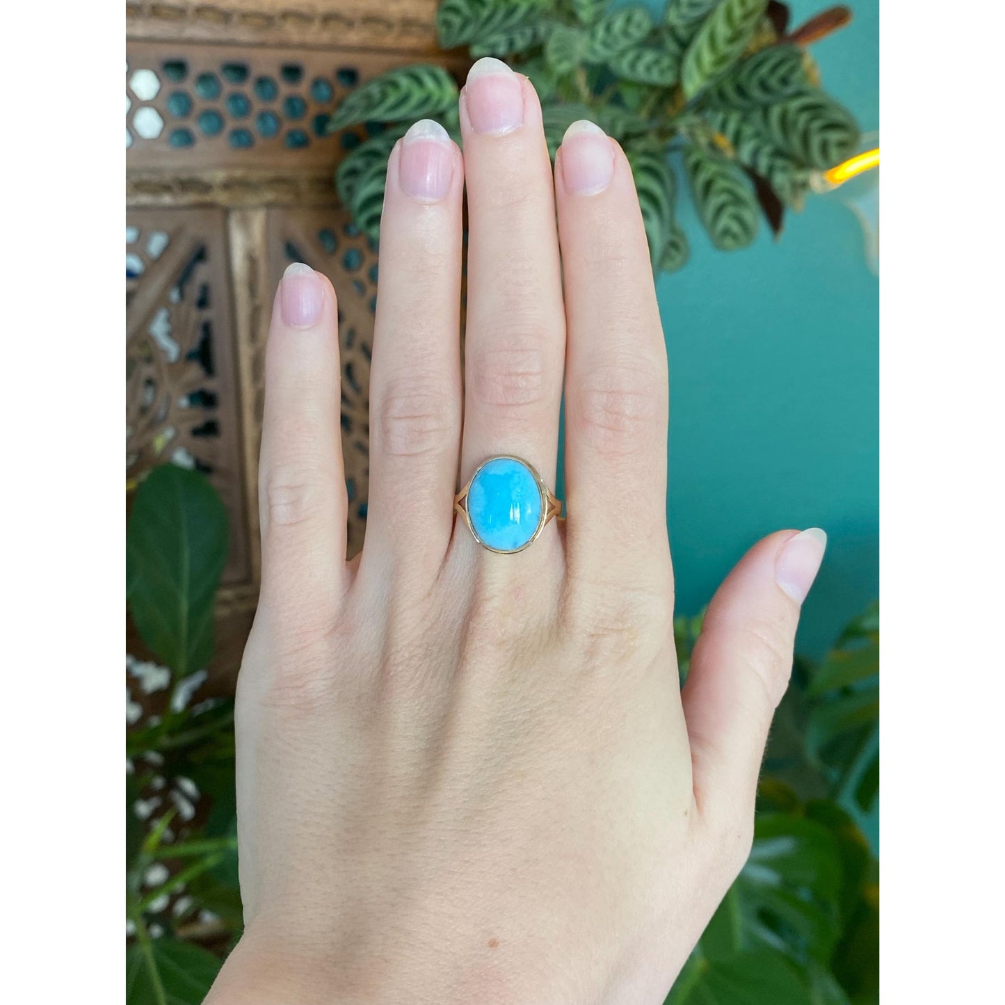 Vintage Solid 14k Yellow Gold Larimar Ring - Size 8.5