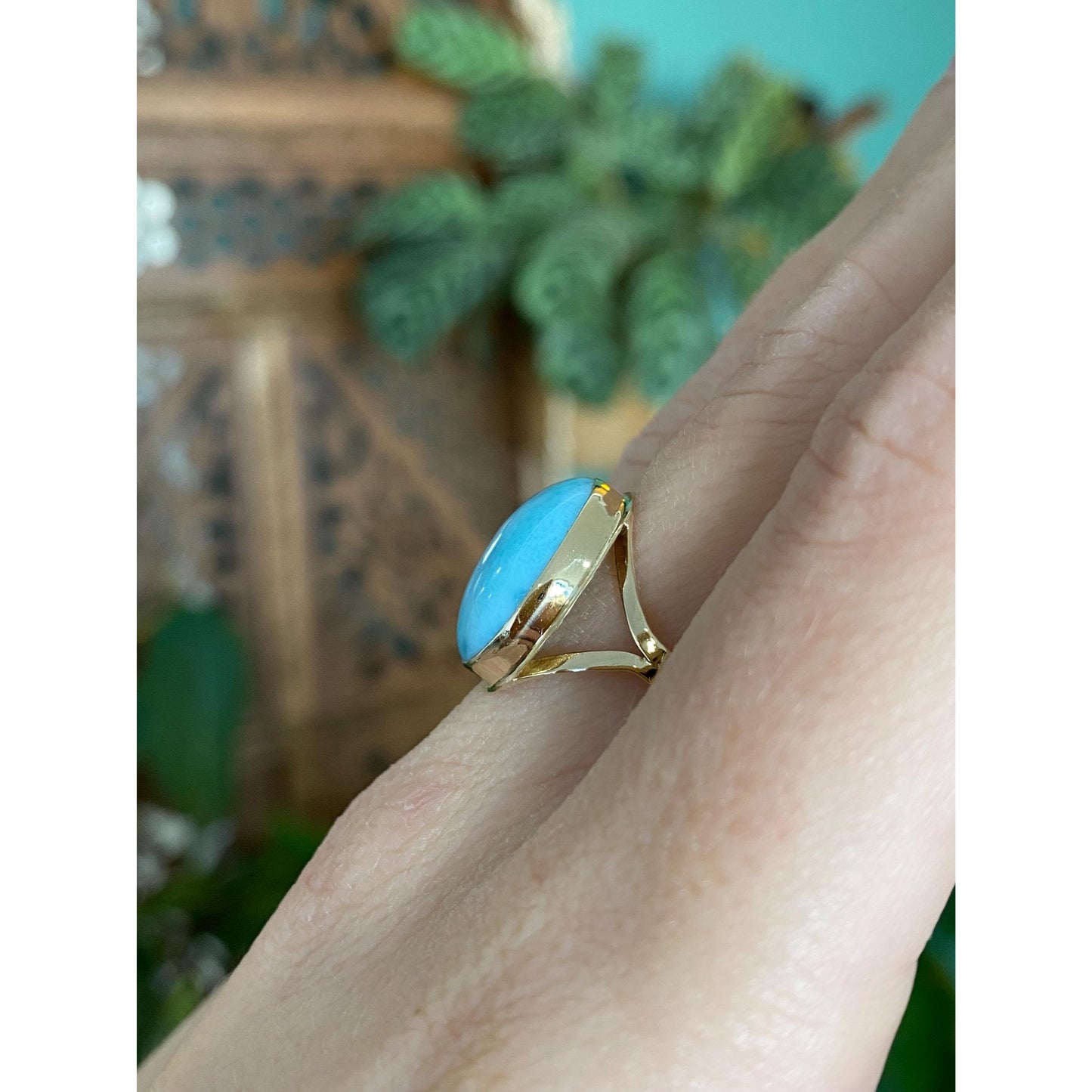 Vintage Solid 14k Yellow Gold Larimar Ring - Size 8.5