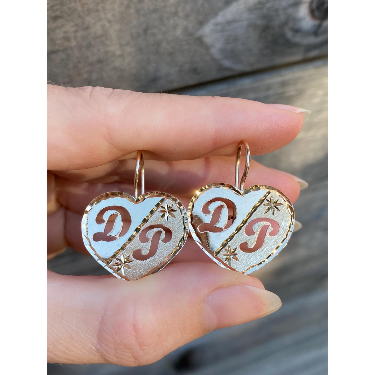 Vintage Solid 14k Yellow Gold Diamond Cut Initial 'DP' Heart Drop Earrings