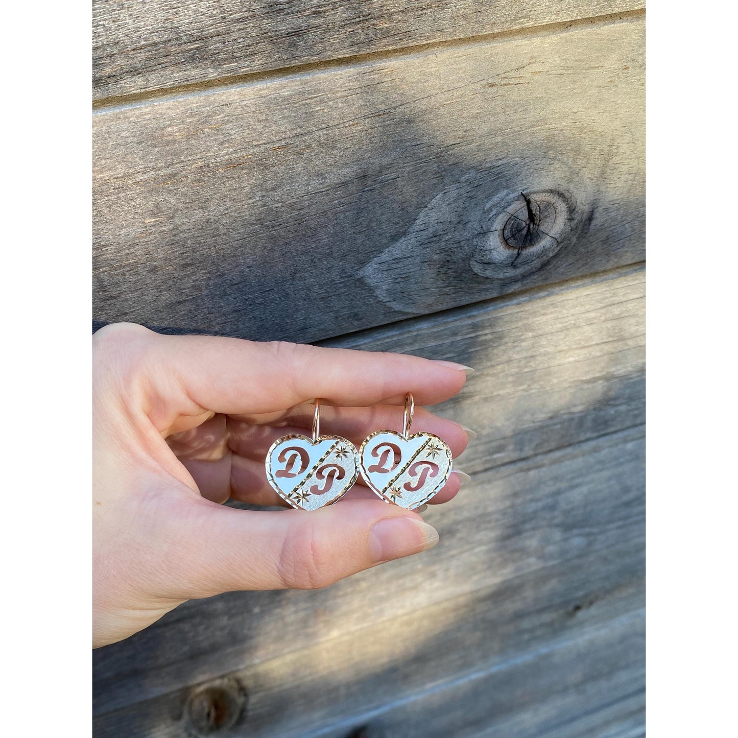 Vintage Solid 14k Yellow Gold Diamond Cut Initial 'DP' Heart Drop Earrings