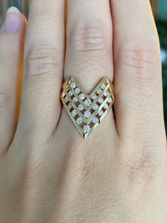 Vintage Solid 14k Yellow Gold Diamonds Open Work Chevron Ring - Size 7