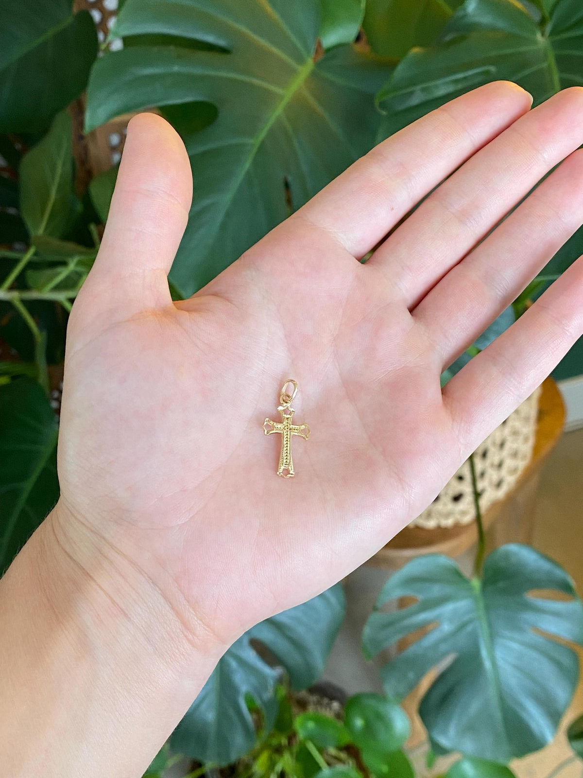 Vintage Solid 14k Yellow Gold Diamond Cut Open Work Cross Charm