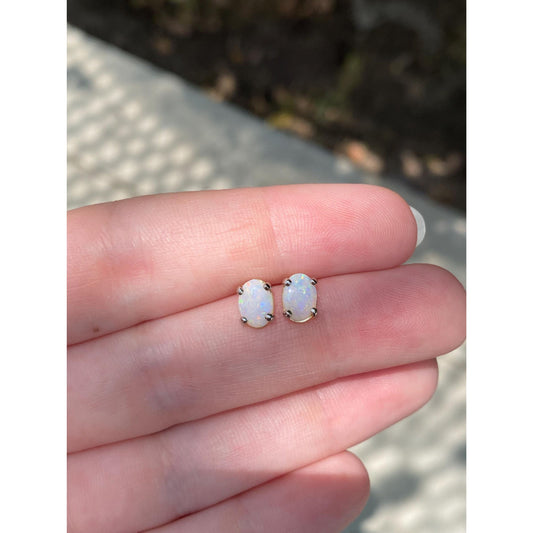 Vintage Solid 14k White & Yellow Gold Opal Stud Earrings