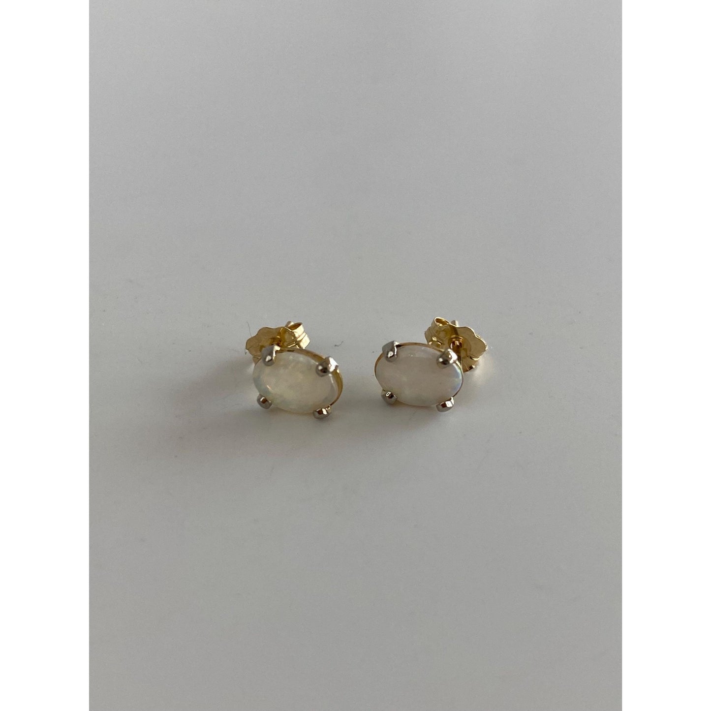 Vintage Solid 14k White & Yellow Gold Opal Stud Earrings