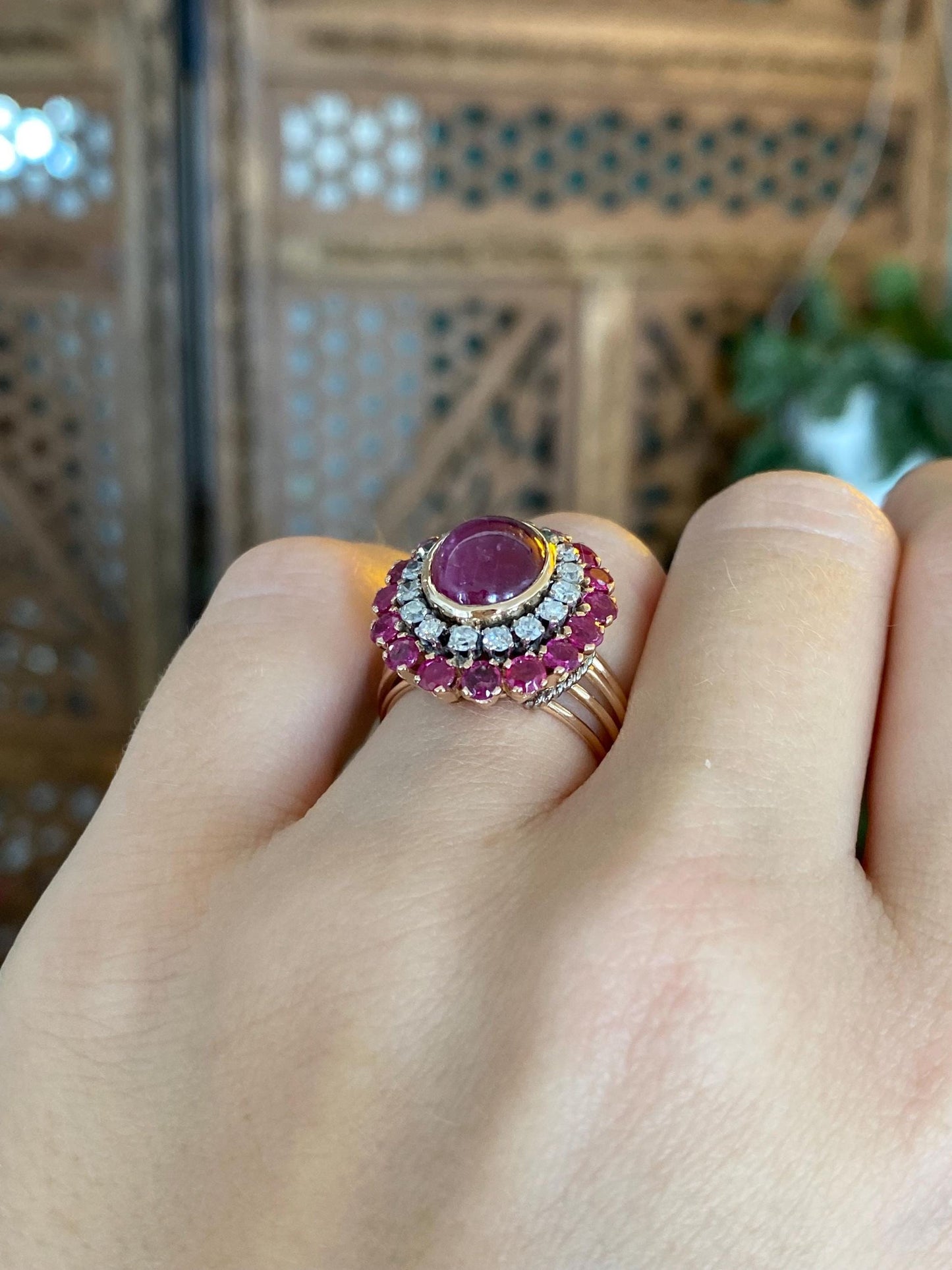 Vintage Solid 14k Rose Gold Pink Sapphire Diamond Halo Ring - Size 4.25