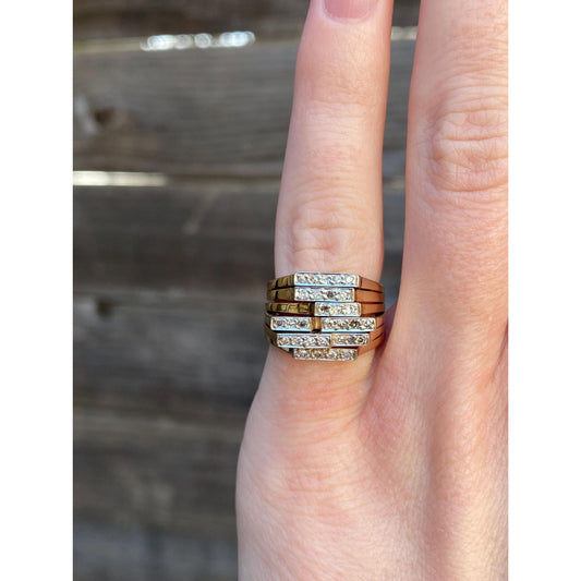 Vintage Solid 14k Yellow Gold Diamond Grid Ring - Size 2.75