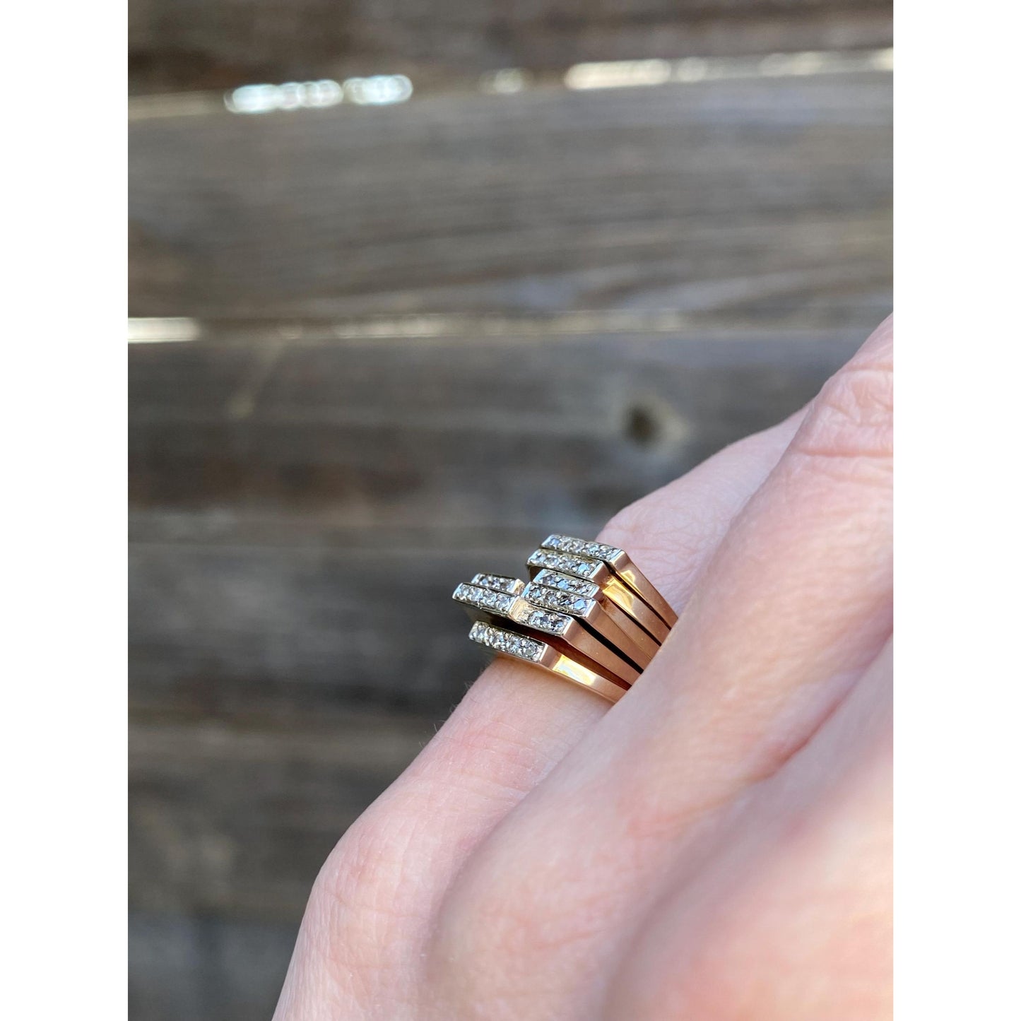 Vintage Solid 14k Yellow Gold Diamond Grid Ring - Size 2.75