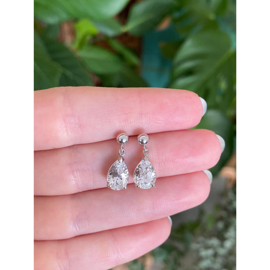 Solid 14k White Gold Clear Quartz Dangle Stud Earrings