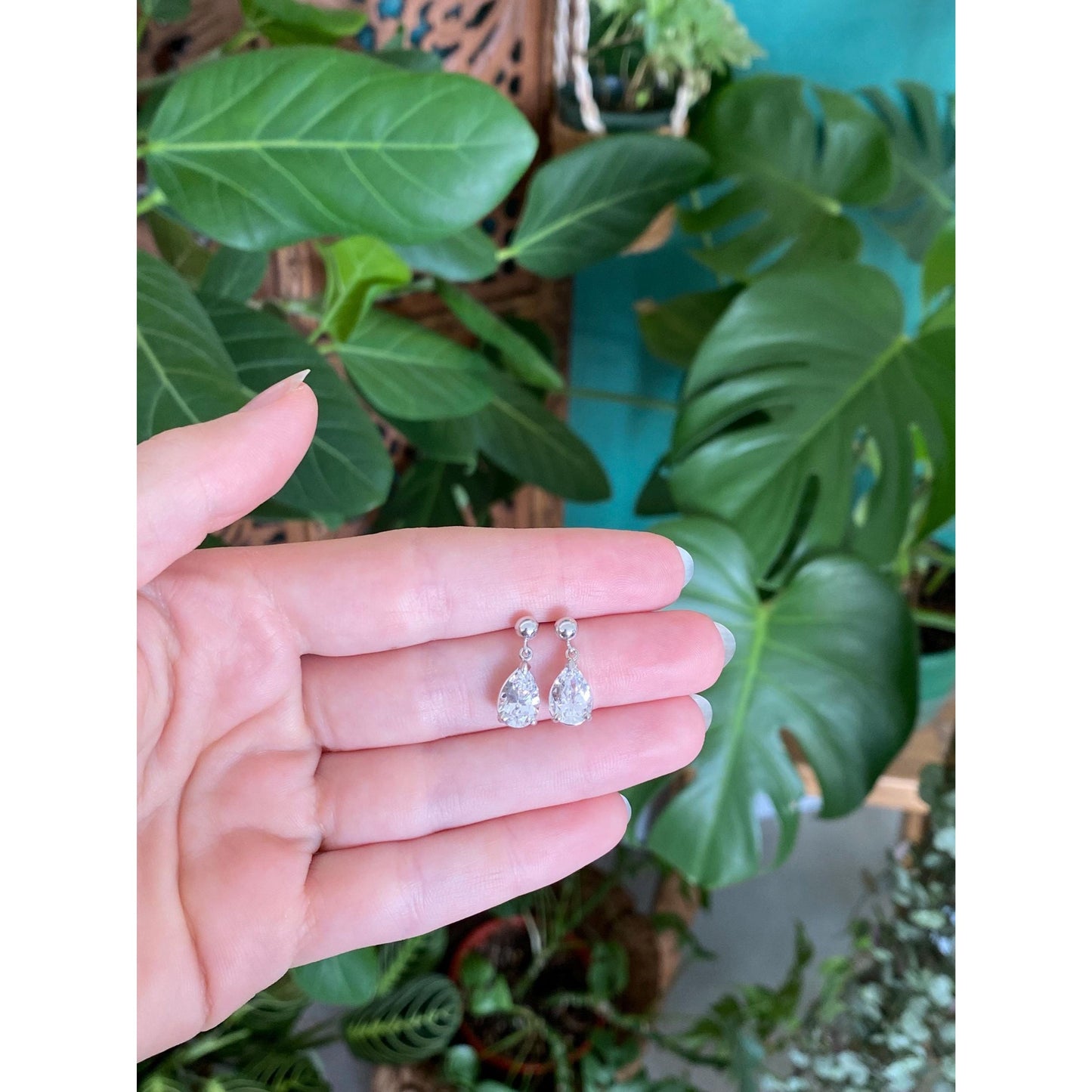 Solid 14k White Gold Clear Quartz Dangle Stud Earrings