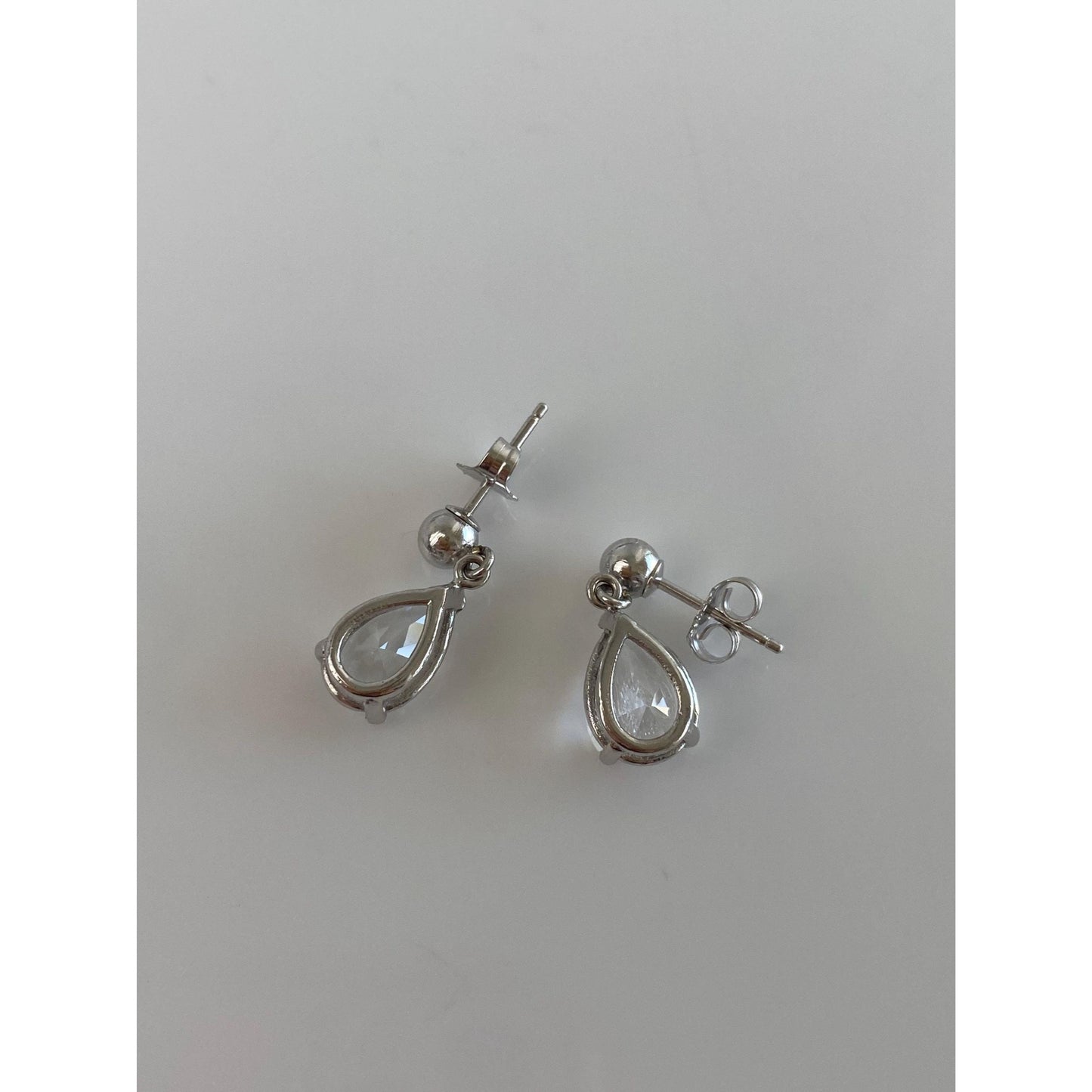 Solid 14k White Gold Clear Quartz Dangle Stud Earrings