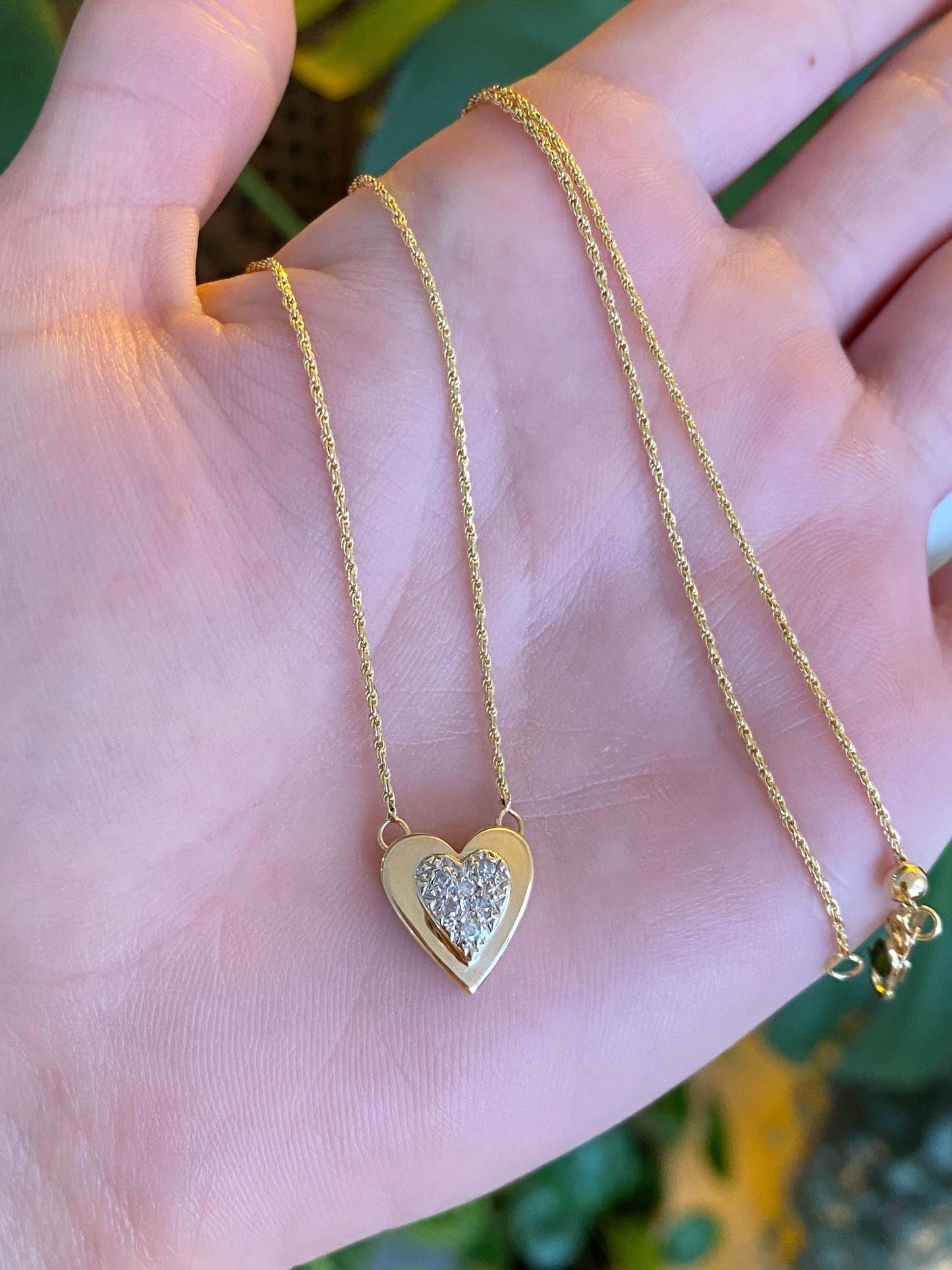 Vintage Solid 14k White & Yellow Gold Adjustable Diamond Heart Charm Dainty Rope Chain Necklace - 22.5 inches