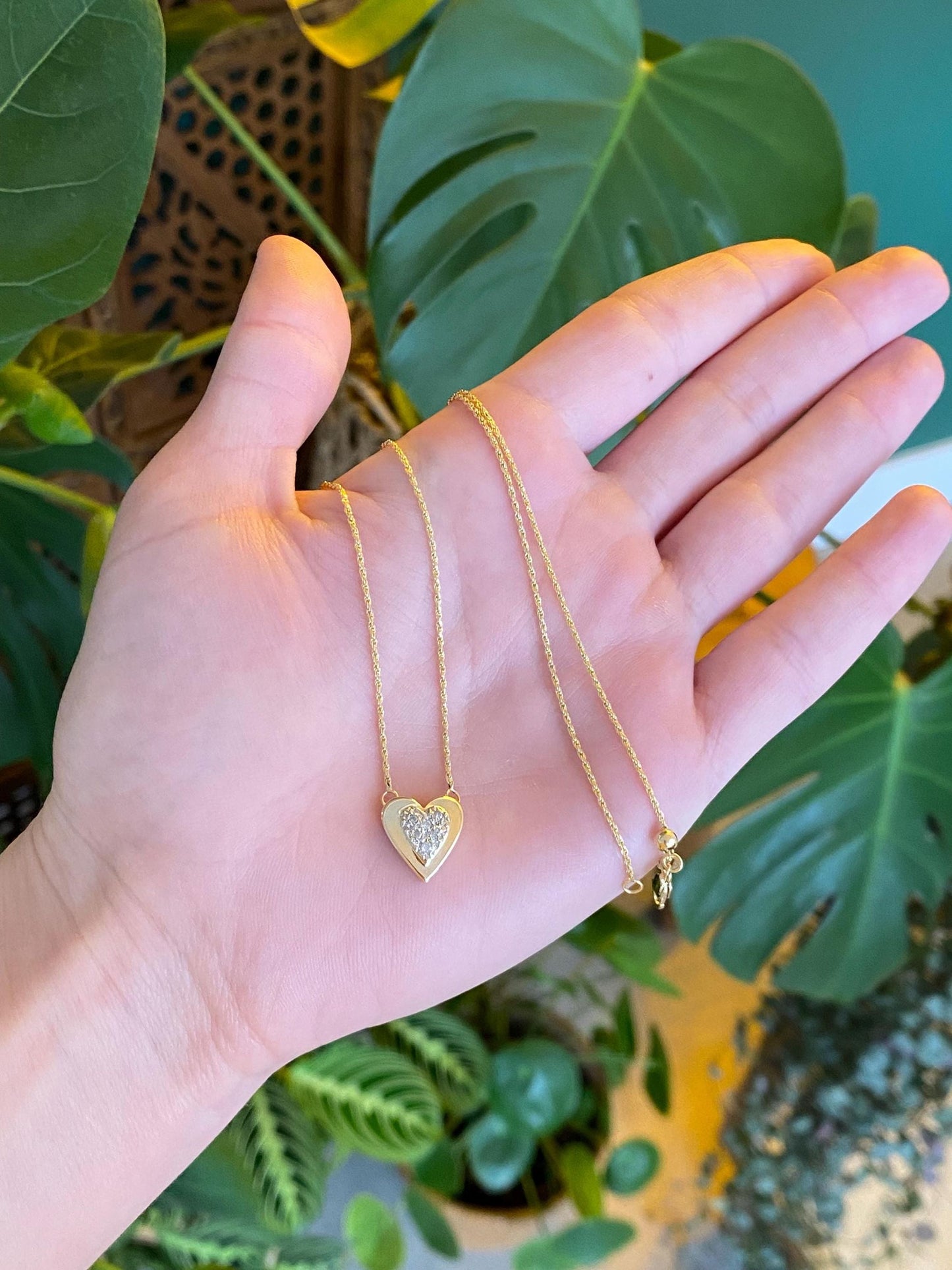 Vintage Solid 14k White & Yellow Gold Adjustable Diamond Heart Charm Dainty Rope Chain Necklace - 22.5 inches