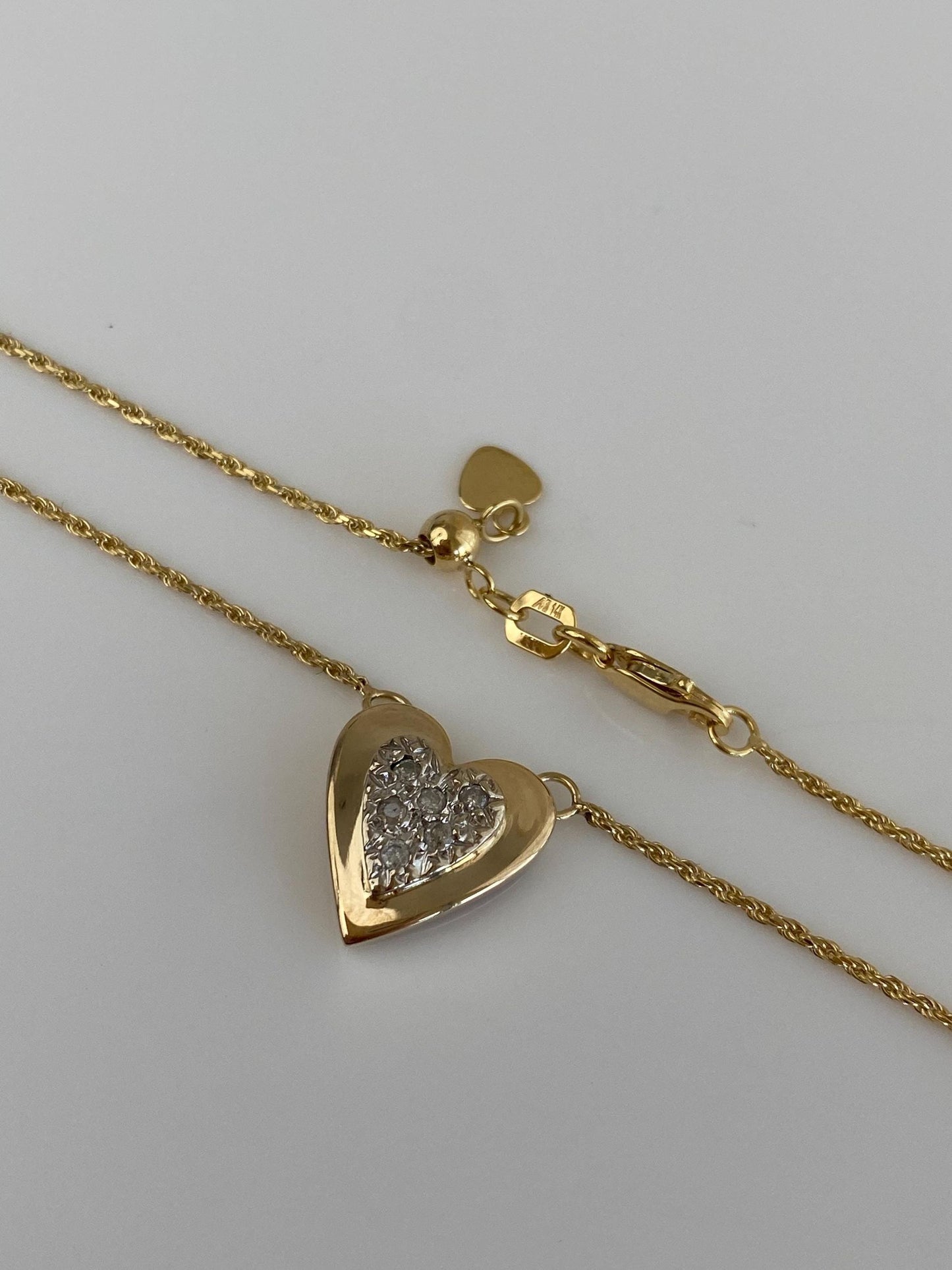 Vintage Solid 14k White & Yellow Gold Adjustable Diamond Heart Charm Dainty Rope Chain Necklace - 22.5 inches