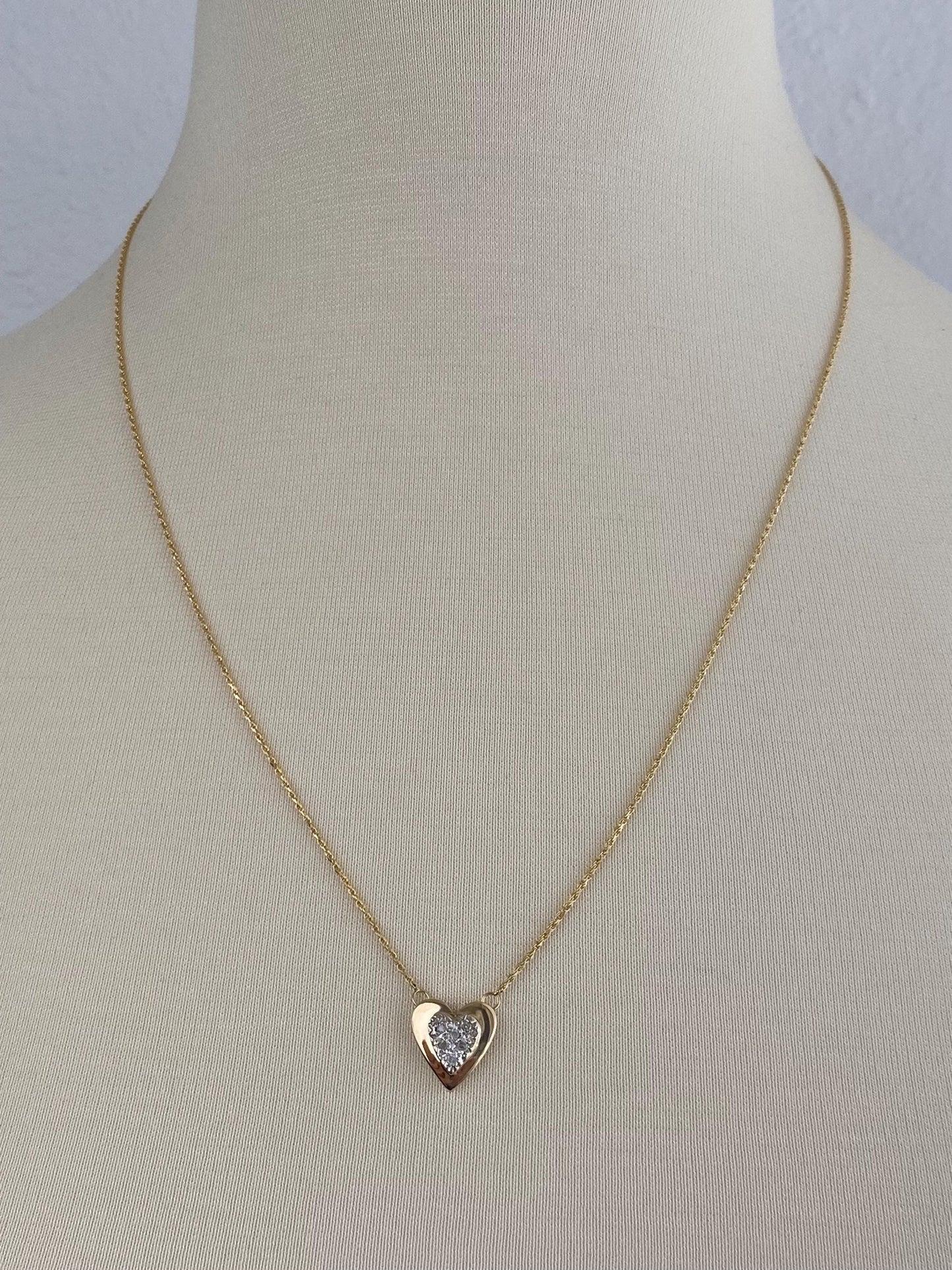 Vintage Solid 14k White & Yellow Gold Adjustable Diamond Heart Charm Dainty Rope Chain Necklace - 22.5 inches