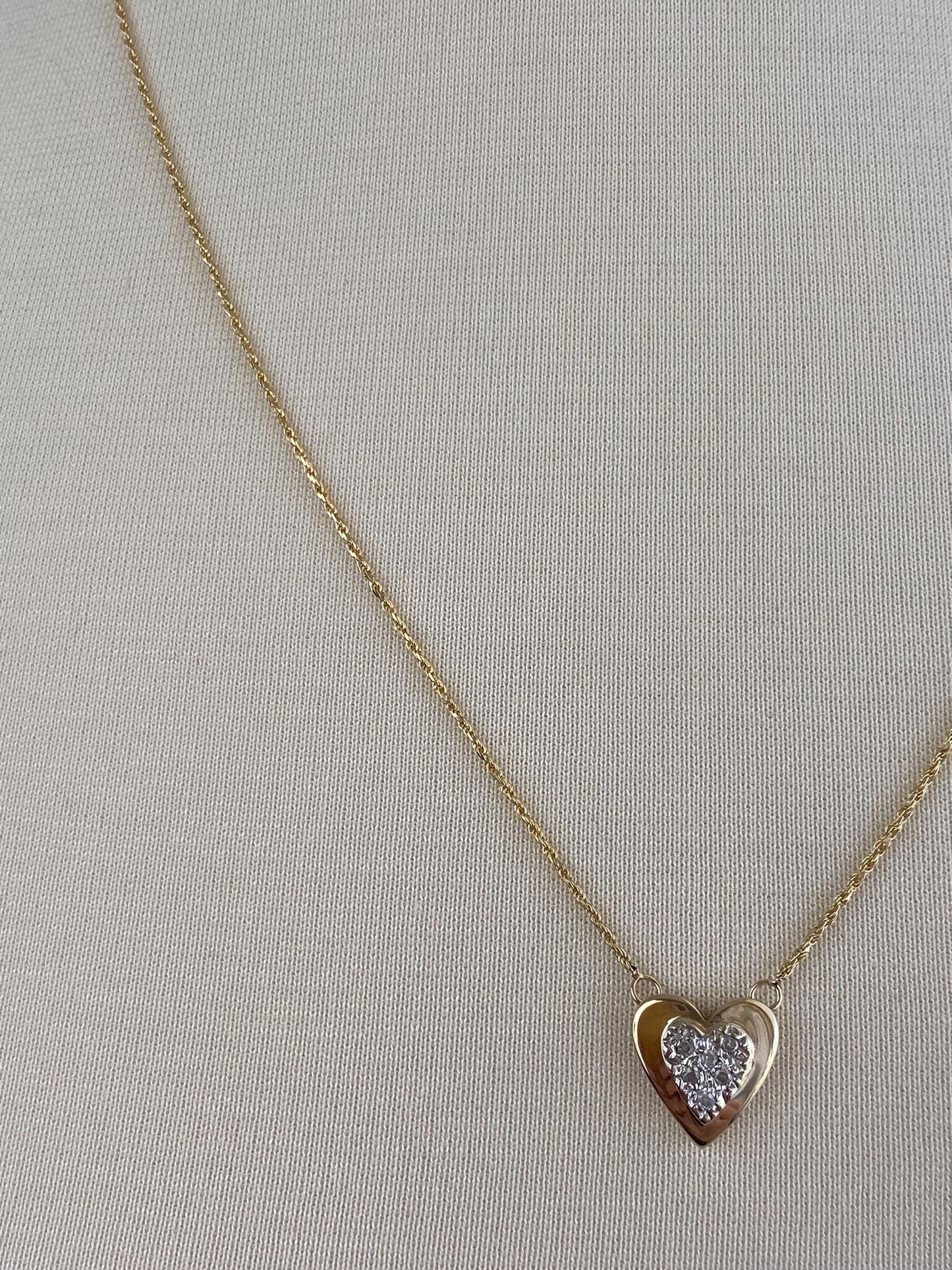 Vintage Solid 14k White & Yellow Gold Adjustable Diamond Heart Charm Dainty Rope Chain Necklace - 22.5 inches
