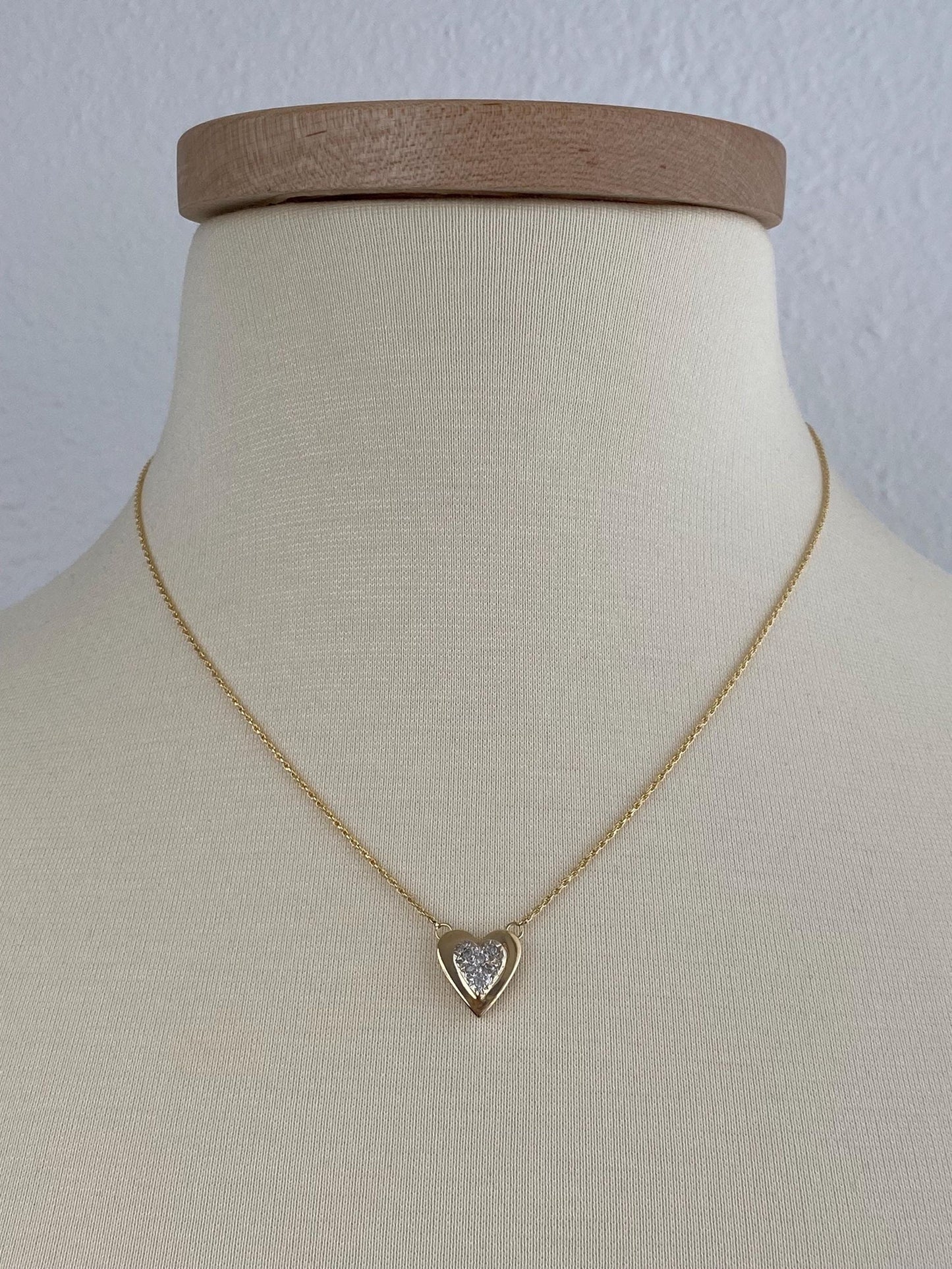 Vintage Solid 14k White & Yellow Gold Adjustable Diamond Heart Charm Dainty Rope Chain Necklace - 22.5 inches