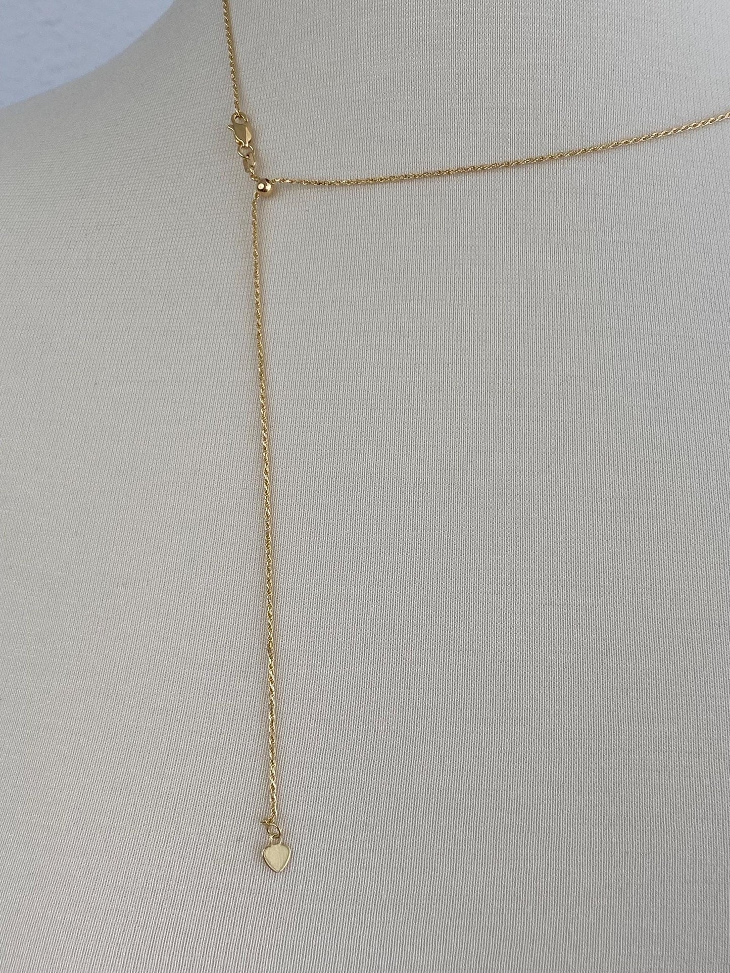 Vintage Solid 14k White & Yellow Gold Adjustable Diamond Heart Charm Dainty Rope Chain Necklace - 22.5 inches