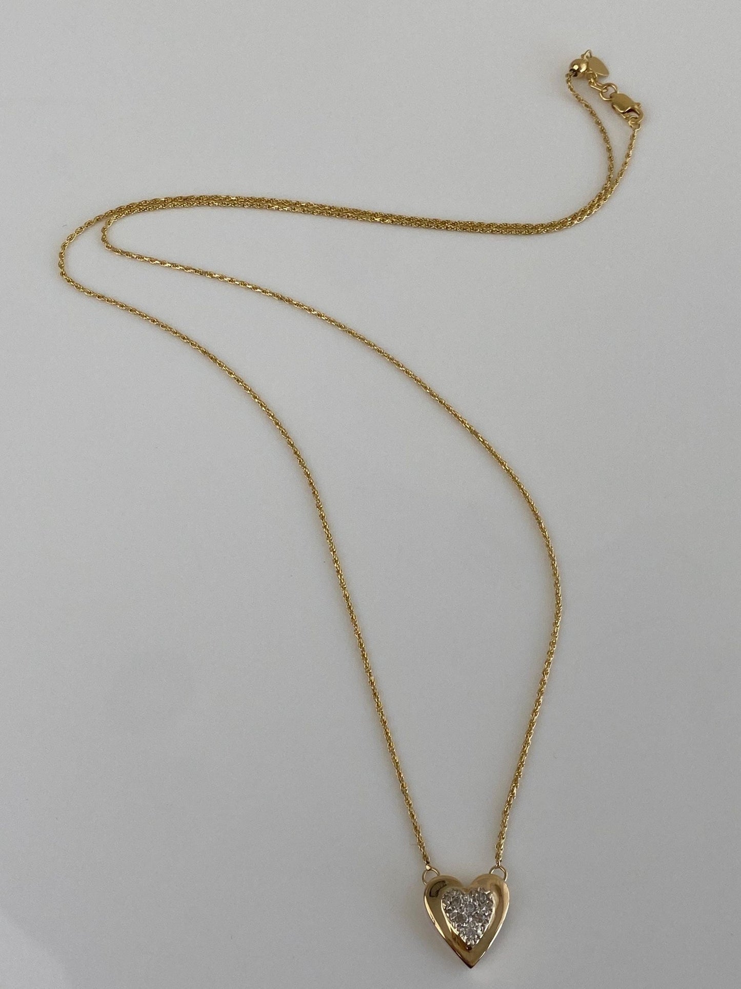 Vintage Solid 14k White & Yellow Gold Adjustable Diamond Heart Charm Dainty Rope Chain Necklace - 22.5 inches