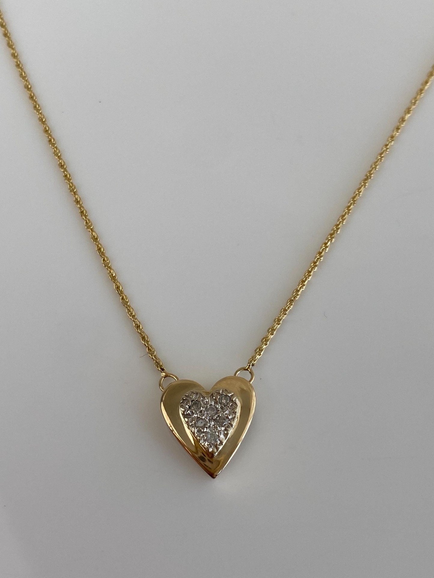 Vintage Solid 14k White & Yellow Gold Adjustable Diamond Heart Charm Dainty Rope Chain Necklace - 22.5 inches